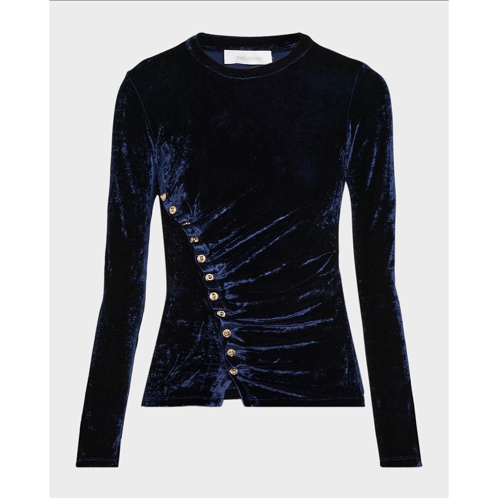 Paco Rabanne NWT $1,090 Navy Blue Draped Velvet Ruched Button Top 40